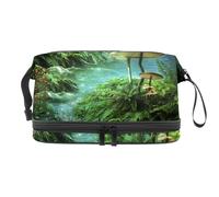 River with Pond, Red Fishes Mushroom Double Layer Cosmetic Bag for Women and Girls, Travel Toiletry Bag Makeup Handy Pouch Organiser Bag with Brush Compartment