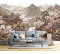 Riverbank Peach Blossoms Photo Wallpaper Traditional Architecture Wall Mural Silk Cloth Decor Art Poster Picture, Dark Brown Print Photo Wallpaper for Living Room Bedroom Dorm Decor 450x315cm (WxH)