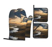 Rivers and plainsA 4-Piece Kitchen mitt and potholder Set Printed Oven Mitts and Barbecue Party Gloves are Kitchen Essentials