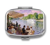 Riverside Café Scene Pill Box Travel Pill Organizer 2-Compartment with Mirror Design Portable Square Medicine Case for Vitamins, Jewelry & Essentials Durable Pocket Pillcase for Purse, Camping