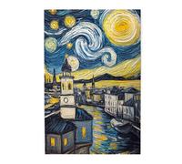 Riverside City Under Starry Sky 500 Piece Adults Wooden Jigsaw Puzzle,Swirl Clouds,Church Spire & Boat in River,Oil Painting Artwork,Decompression Games,Gift for Family and Friends