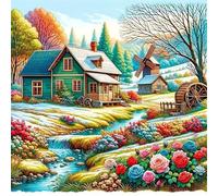 Riverside Cottage Diamond Art Kits for Adults,DIY 5D Square Full Drill Spring Scenery Diamond Painting Kits for Beginner,Gem Art Diamond Dots Embroidery Painting Kit for Home Wall Decor 16x16 inch