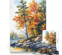 Riverside Fall Trees 1000 Piece Jigsaw Puzzles for Teenagers Boost Memory Gentle Relax Premium Cut Bday Surprise (38x26cm)