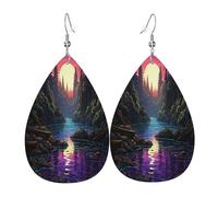 Riverside moon Women's Teardrop Leather Earrings - Lightweight PVC Dangle Earrings, 925 Silver Hooks, Double-Sided Prints | Hypoallergenic Gift
