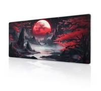 Riverside Red Full Moon Mouse Pad Japanese Extended Desk Mat Black Red Large XL Mousepad Non-Slip Rubber Base Stitched Edge Long Keyboard Pad for Desk Gaming Laptop Desktop,31.5×11.8 Inch