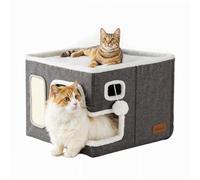 Riverstcat Cat house,foldable modern cat cube bed with fluffy ball and scratching board, Multifunctional comfortable large dark grey cat cave & hideaway for indoor cats,16x16x13.5 Inches