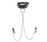 Rivet Fake Nipple Clamps Tassel Chain for Women Adjustable PU Leather Choker Necklace Open Heart Geometric Pendant Non-Piercing Nipple Rings Sexy Personalized Body Chain Jewelry(Round)