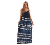 Riviera Sun Spaghetti Strap Maxi Dress for Women, Navy Tie Dye Dress With White Lines, L