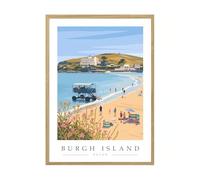 RivieraCrafts Burgh Island Travel Poster Print - Devon Beachfront Coastal Wall Art | Minimalist - A3 Oak Frame