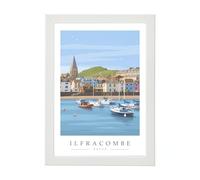 RivieraCrafts Ilfracombe Harbour Scene Travel Poster Print - Devon Coastal Wall Art | Minimalist - A4 White Frame