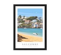 RivieraCrafts Salcombe Colourful Houses & Boats Travel Poster Print - Devon Harbour Coastal Wall Art | Minimalist - A4 Black Frame