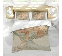 RIVINE King Duvet Cover Set 3 Piece Alphonse Mucha Grey Illustration Style Soft for Bedding Set with Zipper 2 Pillow Shams Durable Easy Care Super king