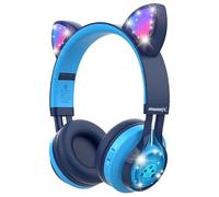 Riwbox CT-7 Cat Ear Bluetooth Headphones, LED Light Up Bluetooth Wireless Over Ear Headphones with Microphone and Volume Control for Travel/School/Smartphones/Laptop/PC/TV (Blue)