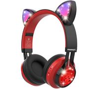 Riwbox CT-7 Cat Ear Kids Bluetooth Headphones, LED Light Up Bluetooth Wireless Over Ear Headphones with Microphone and Volume Control for Travel/School/Smartphones/Laptop/PC/TV （Red&Black）