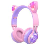 Riwbox Kids Headphones, CT-7S Cat Ear Bluetooth Headphones with LED Light, 85dB Volume Limiting, Over Ear with Microphone for Laptop/PC/TV (Pink&Purple)