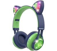 Riwbox Kids Headphones, CT-7S Cat Ear Bluetooth Headphones with LED Light, 85dB Volume Limiting, Over Ear with Microphone for Laptop/PC/TV (Green&Navy Blue)