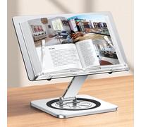 RIWUCT Aluminium Exterior Book Stand for Reading, Book Holder with 360° Swivel Base & Elastic Page Clips, Adjustable Cookbook Stand for Kitchen Counter, Recipe/Textbook/Music Scores Stand for Desk