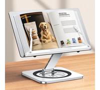 RIWUCT Aluminium Exterior Book Stand for Reading, Book Holder with 360° Swivel Base & Elastic Page Clips, Adjustable Cookbook Stand for Kitchen Counter, Recipe/Textbook/Music Scores Stand for Desk