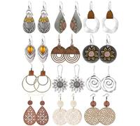 RIXERKOC 12 Pairs Boho Vintage Earrings for Women Wood Leather Ethnic Style Earrings Retro Geometric Sunflower Earrings Jewellery Gifts for Mother's Day Christmas