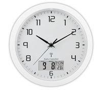 RIXI 25cm Radio Controlled Quartz Wall Clock with LCD Day and Date Display, Silent Sweep Movement, White Round Battery Operated Analogue and Digital Clock for Indoor Use
