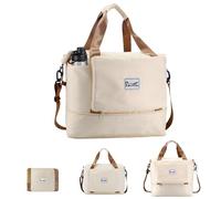 RIXINC Foldable Travel Duffel Bag, Expandable Weekender Overnight Carry On Gym Bag for Women with Water Bottle Pockets, Beige