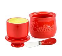 Rixordd Red Butter Crock & Stainless Steel Spreader Knife Set - French Butter Keeper with Water Line, Countertop Butter Dish - Lead-Free Porcelain, Dishwasher-Safe, Vibrant Red