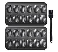 Rixotix 2PCS 12 Cup Carbon Steel Shell Shape Madeline Trays, Madeleines Baking Tray with Silicone Brush, Nonstick Heavy Duty Cookie Cake Scone Pan Baking Mold for Oven Baking