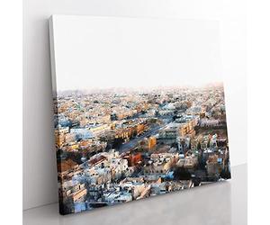Riyadh Skyline In Saudi Arabia Painting Modern Canvas Wall Art Print Ready to Hang, Framed Picture for Living Room Bedroom Home Office Décor, 35x35 cm (14x14 Inch)