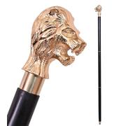 Riyex Decorative Walking Stick with Lion Head Handle, Black Wood Shaft with Gold Brass Accent, 90cm, Rubber Base, Unisex Adult