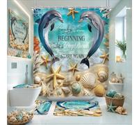 Riyidecor 4 PCS Teal Green Ocean Dophin Shower Curtain Set Inspirational Quotes Beach Starfish 72Wx72H Inch Bathroom Set Decor Non-Slip Bath Rug Toilet Lid Cover U Shape Mat Accessories with 12 Hooks
