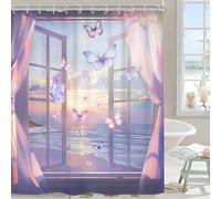 Riyidecor Beach Butterfly Shower Curtain Ocean Coastal Sea Purple Pink Sunset Seaside Seascape Pretty 60Wx72H Inch Nature Scenery Art Fabric Decor Bathroom Polyester Waterproof 12 Pack Hooks