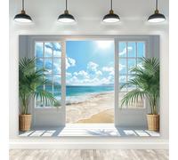 Riyidecor Beach Ocean Backdrop Window Blue Sky Summer Cool Coastal Sunrise Landscape Scenery 7Wx5H Feet Polyester Fabric Palm Leaf Photography Background Modern Table Decor Banner Studio Photo Shoot