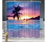 Riyidecor Beach Sunset Shower Curtain Ocean Sunrise Tropical Palm Tree Hawaiian Costal Scenery Sea Waves Summer Bathroom Home Decor Set Waterproof Polyester 72WX72H Inch 12 Pack Plastic Hooks WW-IHTB