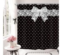 Riyidecor Black and White Polka Dot Shower Curtain for Bathroom Decor 72Wx72H Retro Abstract Lace Pattern Bow Girly Spot Vintage Classic Art Printed Fabric Polyester Waterproof 12 Pack Plastic Hooks
