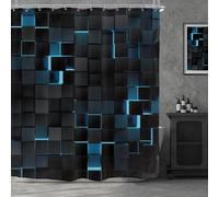 Riyidecor Black Blue Shower Curtain 60Wx72H Inch Abstract Navy Brick Modern 3D Wall Gradient Designer Futuristic Cubes Geometric Plaid Man Cool Bathroom Decor Fabric Polyester Waterproof 12 Pack Hooks