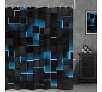Riyidecor Black Blue Shower Curtain 60Wx72H Inch Abstract Navy Brick Modern 3D Wall Gradient Designer Futuristic Cubes Geometric Plaid Man Cool Bathroom Decor Fabric Polyester Waterproof 12 Pack Hooks