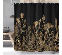 Riyidecor Black Gold Dark Floral Wildflower Shower Curtain for Bathroom Decor 72Wx72H Rustic Botanical Herbs Plant Leaves Vintage Nature Art Printed Fabric Polyester Waterproof 12 Pack Plastic Hooks