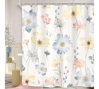 Riyidecor Blue Floral Flower Shower Curtain for Bathroom Decor 72Wx78H Long Boho Yellow Wildflower Spring Rustic Botanical Watercolor Cute Art Printed Fabric Polyester Waterproof 12 Pack Plastic Hooks