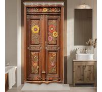 Riyidecor Brown Floral Small Stall Barn Door Bathroom Shower Curtain Set