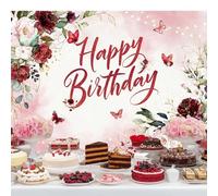 Riyidecor Burgundy Rose Birthday Backdrop Polyester Fabric Pink Floral Butterfly Green Leaves Plant Botanical 7Wx5H Feet for Girls Lady Women Female Photography Background Bday Photo Studio Shoot