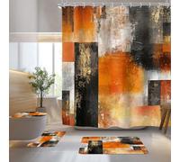 Riyidecor Burnt Orange Black 4Pcs Bathroom Shower Curtain Sets Modern Abstract Bathroom Decor Set with Rugs and Accessories Aesthetic Simple Toilet Lid Rug, Contour and Bath Mat with 12 Hooks