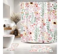Riyidecor Cute Pink Green Floral 4Pcs Bathroom Shower Curtain Sets Boho Wildflower Spring Bathroom Decor Set with Rugs and Accessories Botanical Toilet Lid Rug, Contour and Bath Mat with 12 Hooks