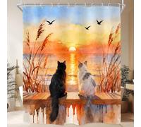 Riyidecor Extra Long Beach Ocean Shower Curtain for Bathroom Decor 72Wx78H Funny Cute Cat Sunset Sunrise Coastal Nautical Tropical Summer Art Printed Fabric Polyester Waterproof 12 Pack Plastic Hooks