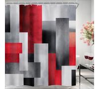 Riyidecor Extra Long Grey Red Black Abstract Shower Curtain 72Wx84H Inch Geometry Square Checkered Blocks Minimalist for Women Men Neutral Bathroom Decor Fabric Polyester Waterproof 12 Pack Hooks