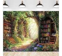 Riyidecor Fairy Library Backdrop Polyester Fabric Enchanted Garden Bookshelf Woodland 8Wx6H Feet Green Book Tree Floral Plant Kid Photography Background Birthday Baby Shower Photo Studio Shoot