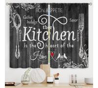 Riyidecor Farmhouse Black White Kitchen Curtains Short Small Rustic Country Fork and Spoon Wood Board Retro Vintage Rod Pocket Funny Quotes Bedroom Living Room Treatment Fabric 2 Panels 27.5Wx39H Inch