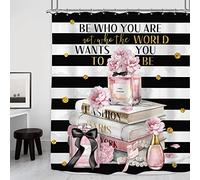 Riyidecor Fashion Women Shower Curtain 72Wx72H Inch Black White Striped Pink Modern Magazine Books Perfume Flower Girls Bathroom Decor Fabric Polyester Waterproof 12 Pack Hooks