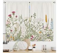 Riyidecor Floral Kitchen Curtains Small Wildflower Cafe Curtains Green Leaves Plant Botanical Rod Pocket Farmhouse Sage Herb Living Room Bedroom Window Drape Treatment Fabric 2 Panels 27.5 x 39 Inch