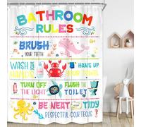 Riyidecor Funny Colorful Bathroom Rules Shower Curtain for Bathroom Decor 72Wx78H Cute Cartoon Ocean Fish Whale Turtle Sealife Quotes Art Printed Fabric Polyester Waterproof 12 Pack Plastic Hooks