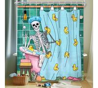 Riyidecor Funny Skull Shower Curtain 60Wx72H Inch Kids Gothic Skeleton in Bathtub Bathing Spooky Yellow Rubber Duck Cool Hilarious Modern Boys Bathroom Decor Fabric Polyester Waterproof 12 Pack Hooks